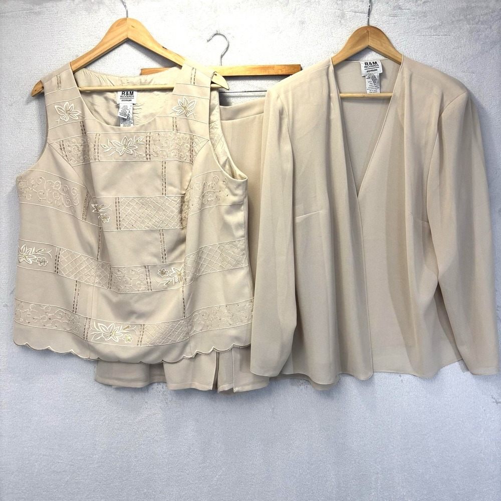 R&M Richards 3‎ Piece Skort Suit Set Womens 20W Beige Chiffon Embroidered